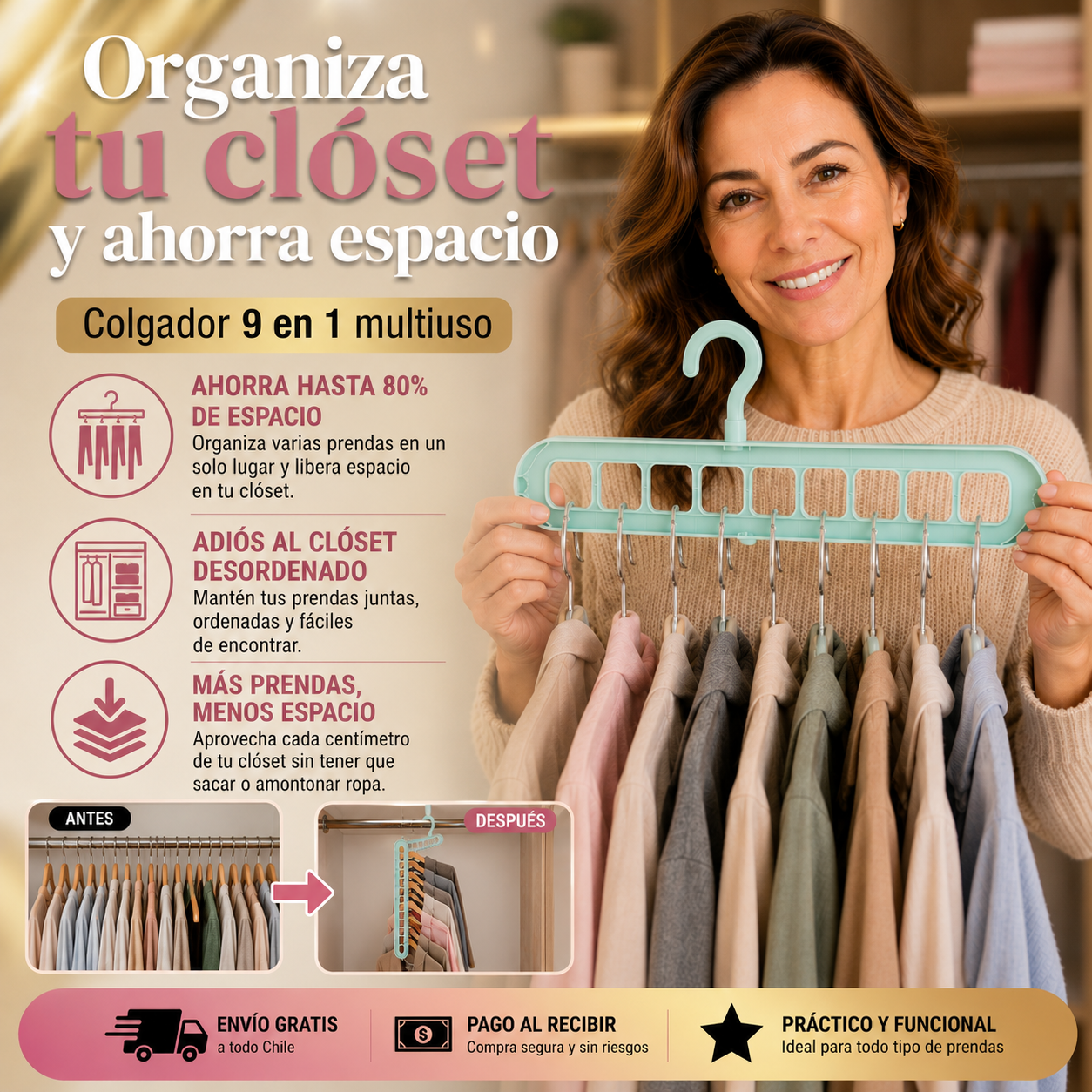 Ahorra 50% de espacio en tu closet con el colgador 9 en 1